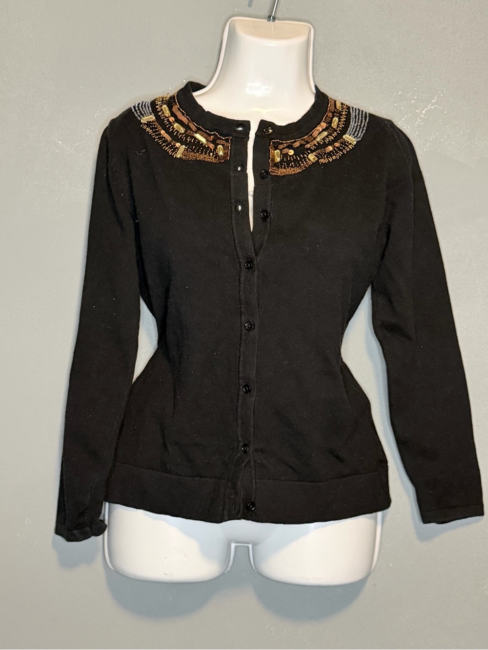 Embellished Black Button-Up Cardigan with Bead Detail